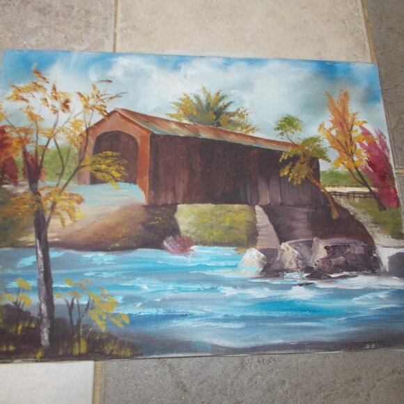 Vintage "Bridge Over Water" oil painting 12"x16"x0.5", not signed - Picture 2 of 4